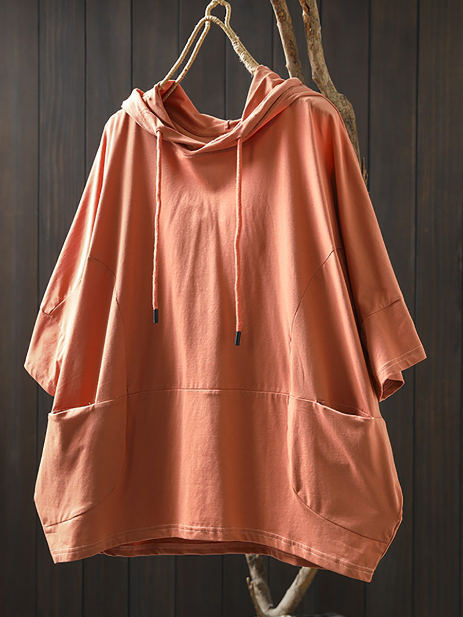 Plus Size Women Summer Casual Pure Color Hooded Cotton Shirt