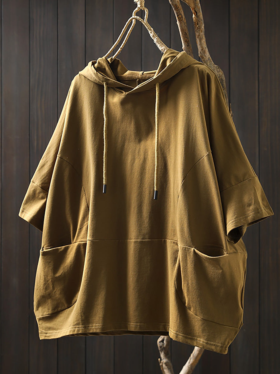 Plus Size Women Summer Casual Pure Color Hooded Cotton Shirt