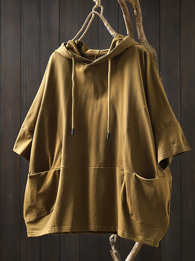 Plus Size Women Summer Casual Pure Color Hooded Cotton Shirt