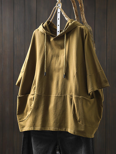 Plus Size Women Summer Casual Pure Color Hooded Cotton Shirt