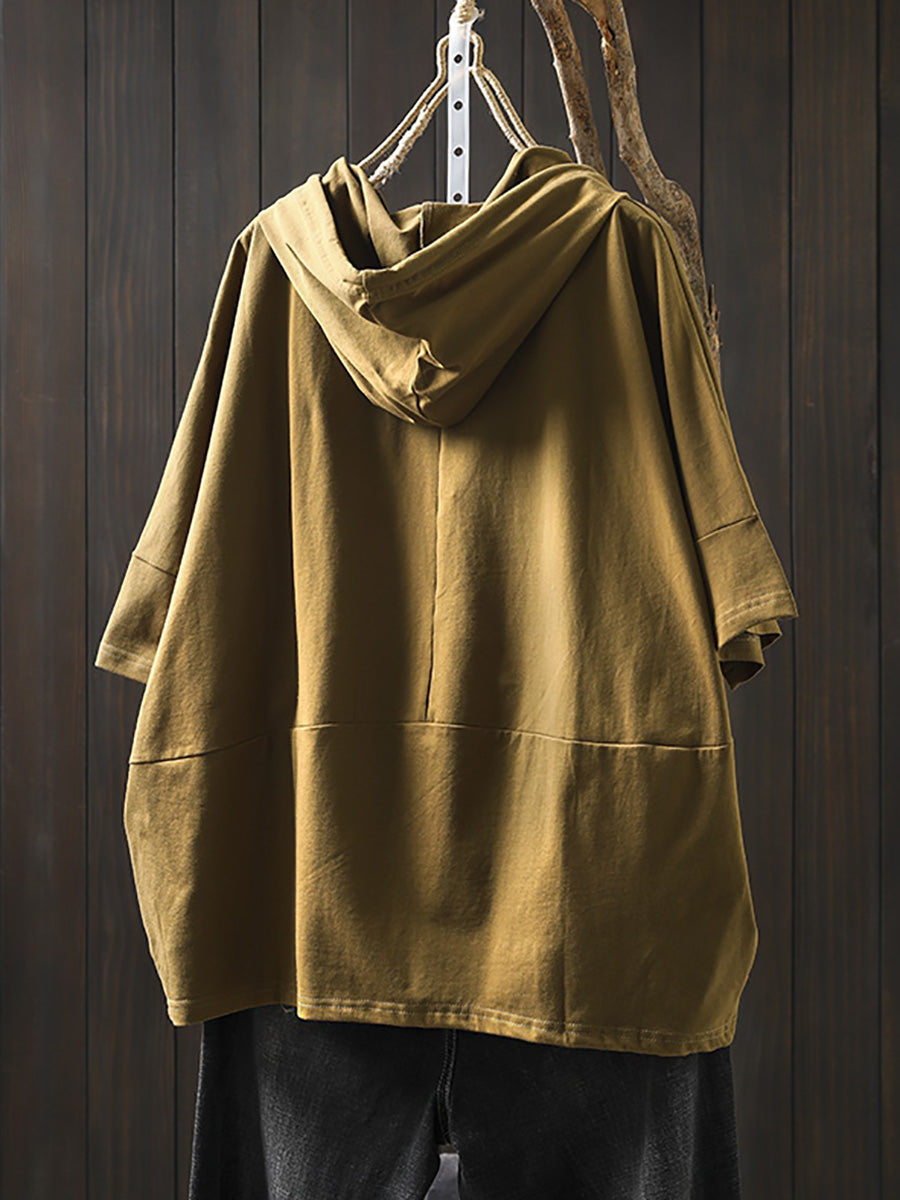 Plus Size Women Summer Casual Pure Color Hooded Cotton Shirt