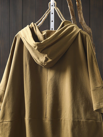 Plus Size Women Summer Casual Pure Color Hooded Cotton Shirt