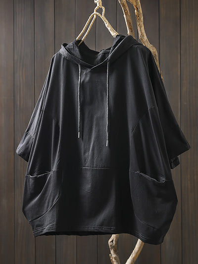 Plus Size Women Summer Casual Pure Color Hooded Cotton Shirt