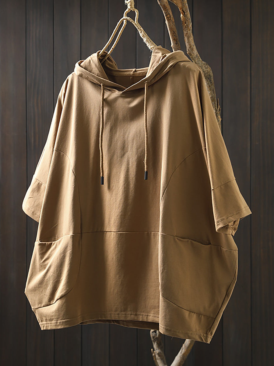 Plus Size Women Summer Casual Pure Color Hooded Cotton Shirt