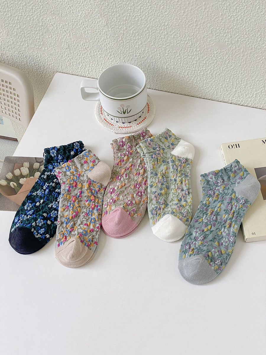 5 Pairs Women Artsy Floral Jacquard Colorblock Short Socks