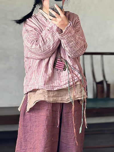 Plus Size Women Summer Retro Stripe V-Neck Linen Shirt