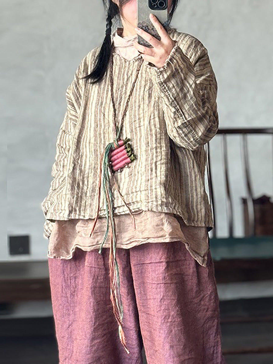 Plus Size Women Summer Retro Stripe V-Neck Linen Shirt