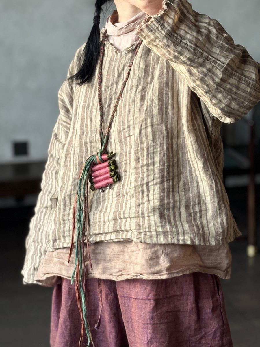 Plus Size Women Summer Retro Stripe V-Neck Linen Shirt