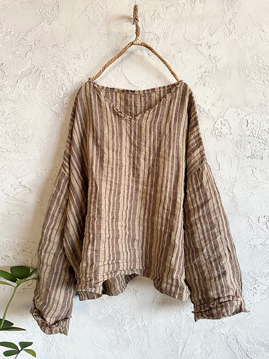 Plus Size Women Summer Retro Stripe V-Neck Linen Shirt