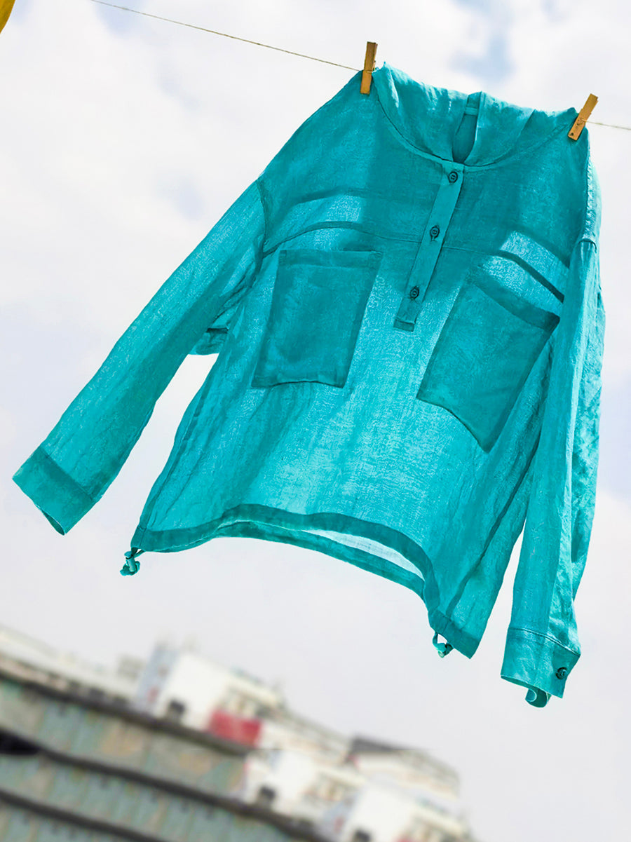 Women Summer Artsy Pure Color Hooded 100%Ramie Shirt