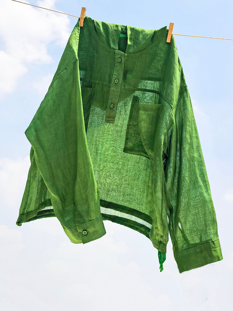 Women Summer Artsy Pure Color Hooded 100%Ramie Shirt