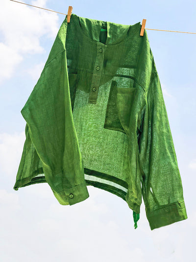 Women Summer Artsy Pure Color Hooded 100%Ramie Shirt