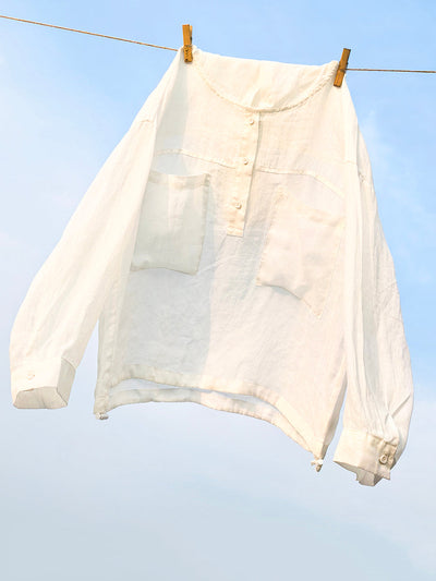 Women Summer Artsy Pure Color Hooded 100%Ramie Shirt