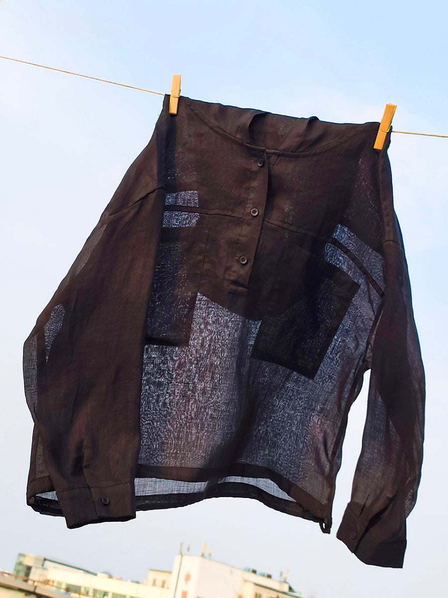 Women Summer Artsy Pure Color Hooded 100%Ramie Shirt