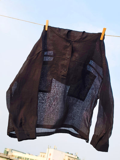 Women Summer Artsy Pure Color Hooded 100%Ramie Shirt