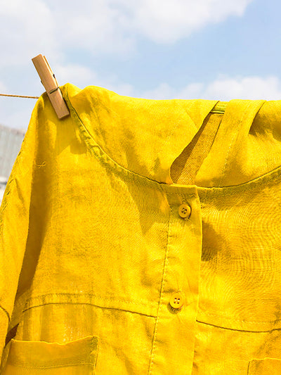 Women Summer Artsy Pure Color Hooded 100%Ramie Shirt