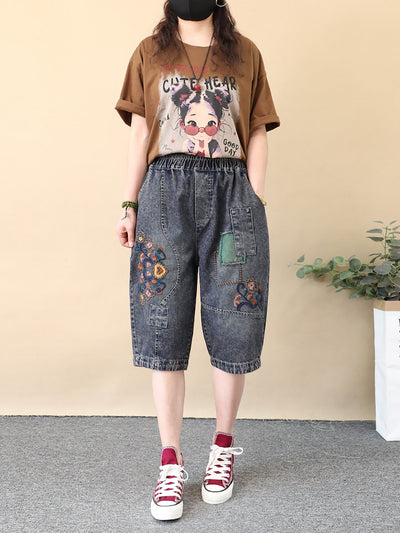 Women Retro Flower Embroidery Denim Fifth Pants