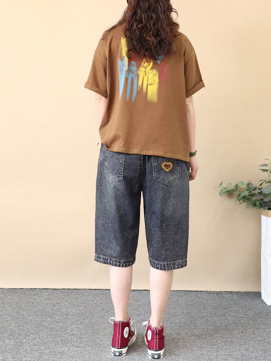 Women Retro Flower Embroidery Denim Fifth Pants