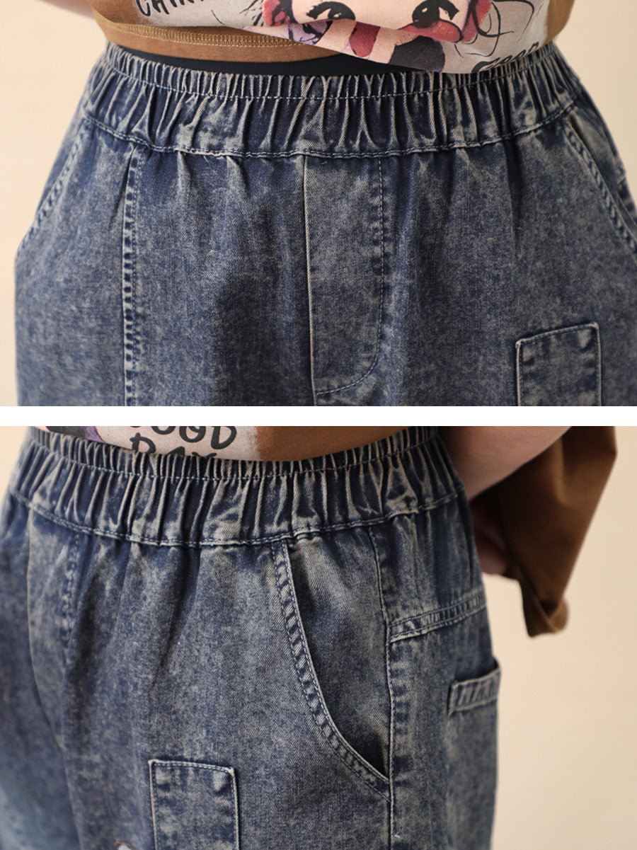 Women Retro Flower Embroidery Denim Fifth Pants