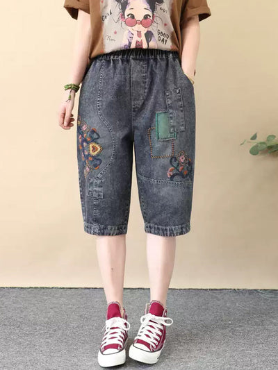 Women Retro Flower Embroidery Denim Fifth Pants