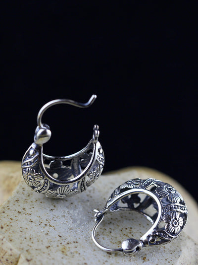 Women Vintage S925Silver Hollow Out Flower Earrings