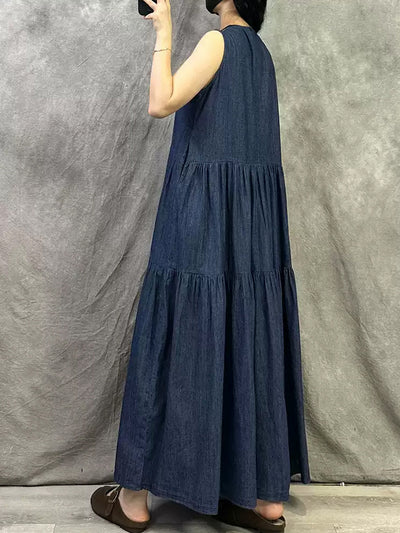 Women Summer Vintage Denim O-Neck Vest Dress