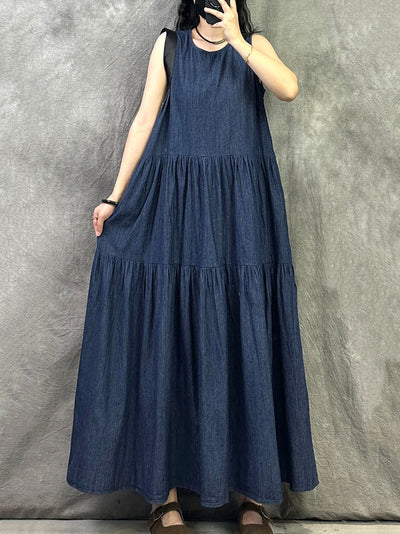 Women Summer Vintage Denim O-Neck Vest Dress