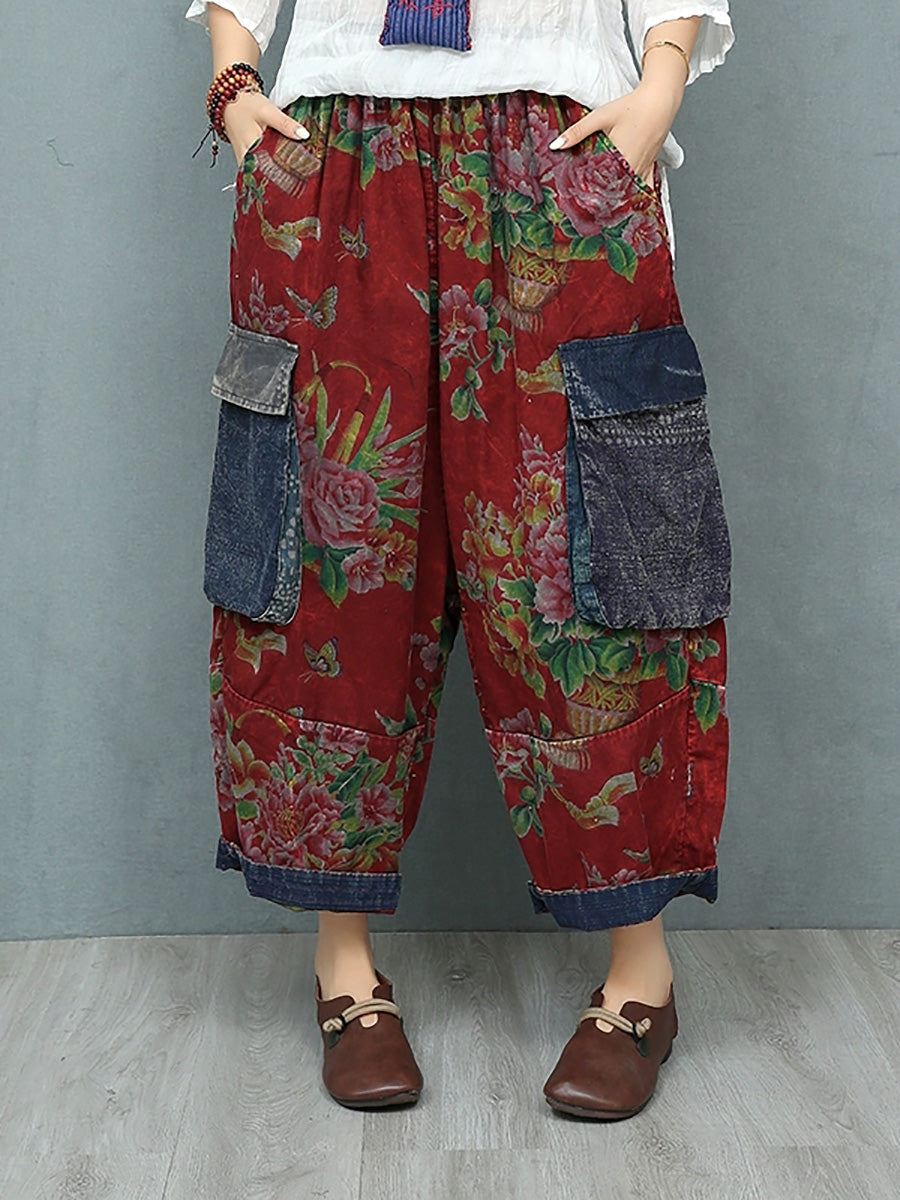 Plus Size Women Summer Retro Flower Patchwork Harem Pants