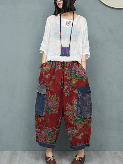 Plus Size Women Summer Retro Flower Patchwork Harem Pants