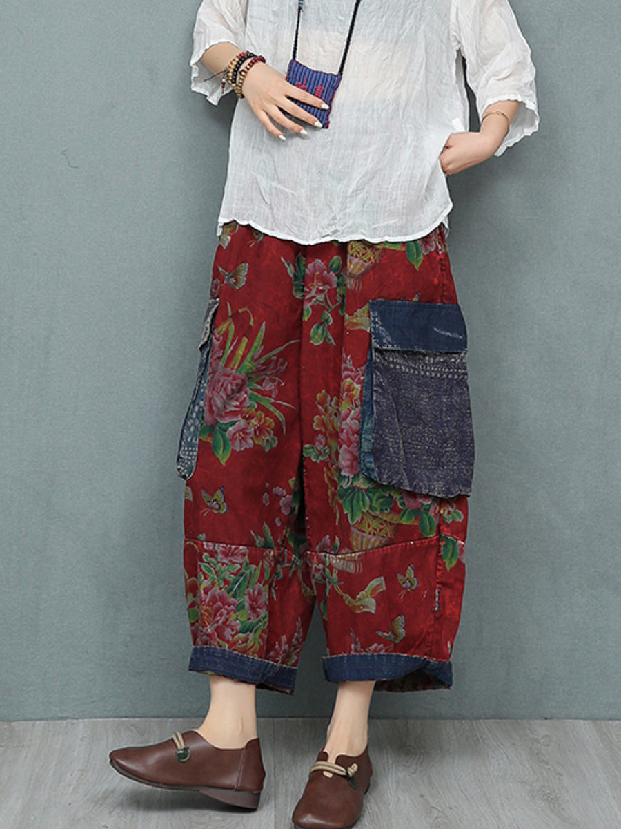 Plus Size Women Summer Retro Flower Patchwork Harem Pants