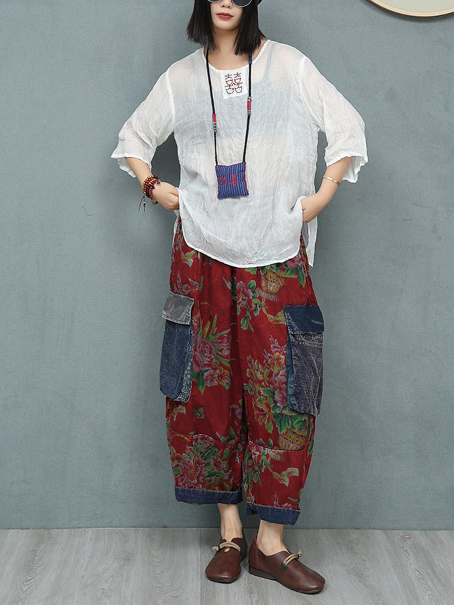 Plus Size Women Summer Retro Flower Patchwork Harem Pants