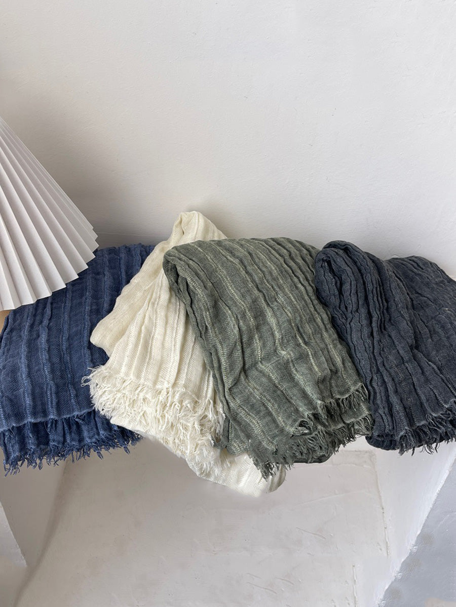 Women Vintage Shirred Pure Color Tassel Shawl Scarf