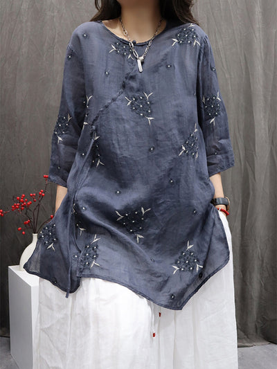 Women Summer Flower Embroidery O-Neck 100%Ramie Shirt