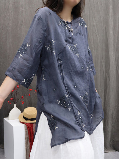 Women Summer Flower Embroidery O-Neck 100%Ramie Shirt
