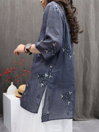 Women Summer Flower Embroidery O-Neck 100%Ramie Shirt