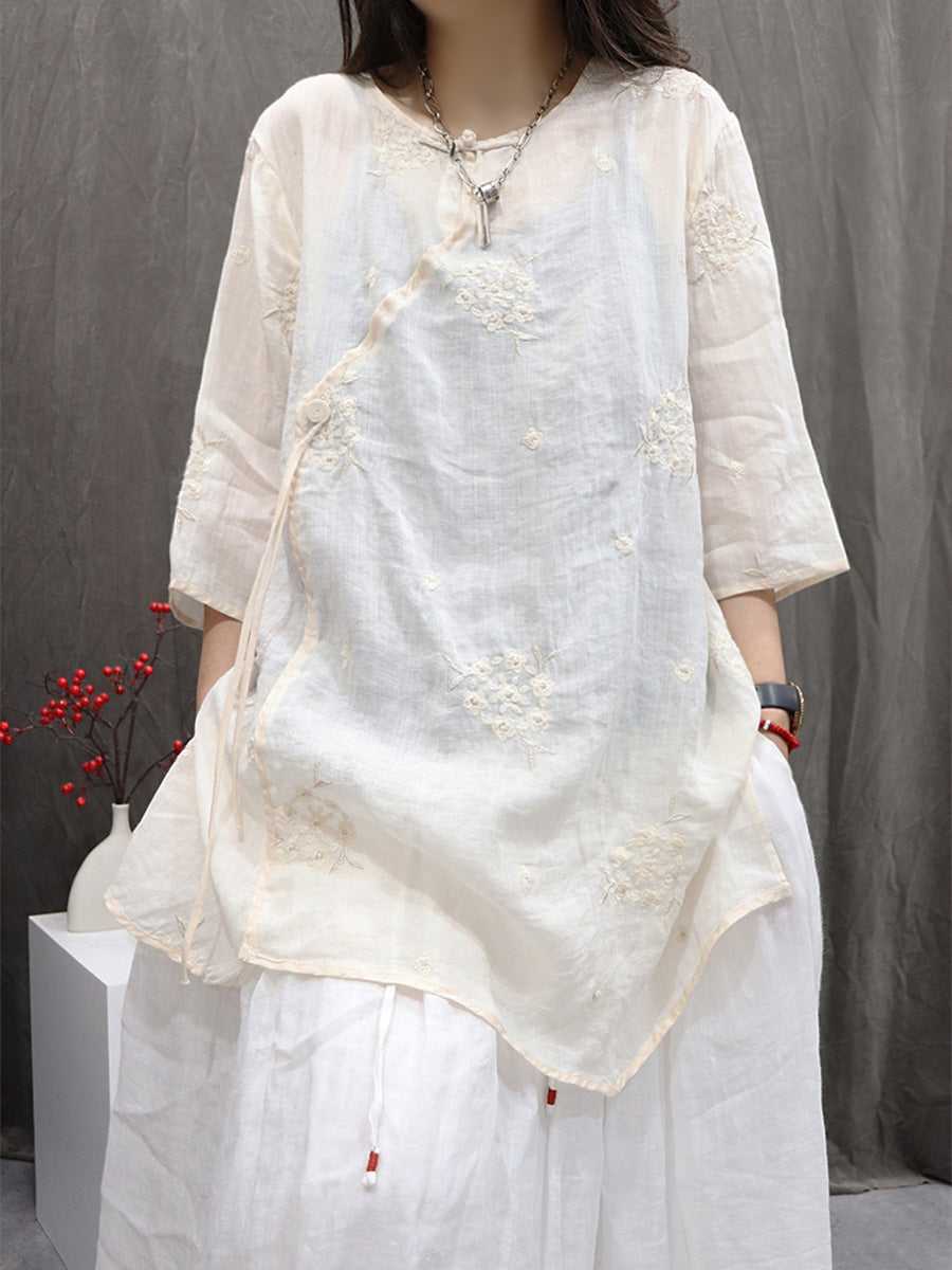 Women Summer Flower Embroidery O-Neck 100%Ramie Shirt
