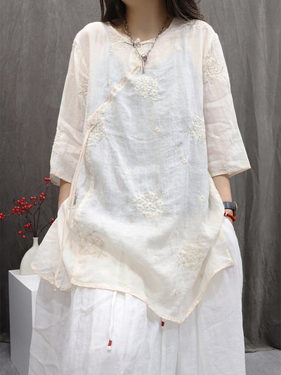 Women Summer Flower Embroidery O-Neck 100%Ramie Shirt