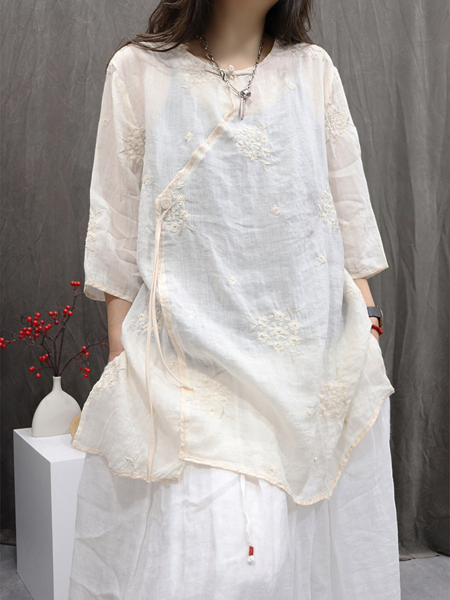 Women Summer Flower Embroidery O-Neck 100%Ramie Shirt