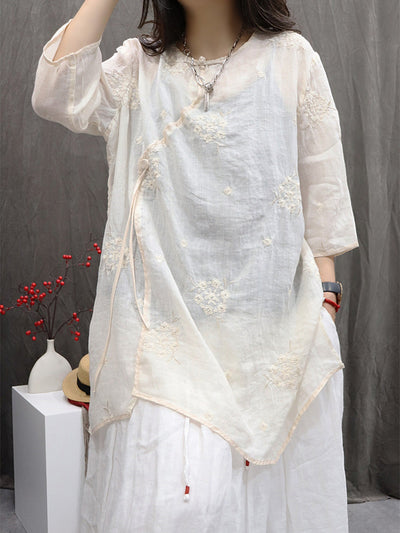 Women Summer Flower Embroidery O-Neck 100%Ramie Shirt