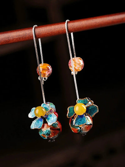 Women Vintage Glaze Cloisonne Flower S925Sliver Earrings