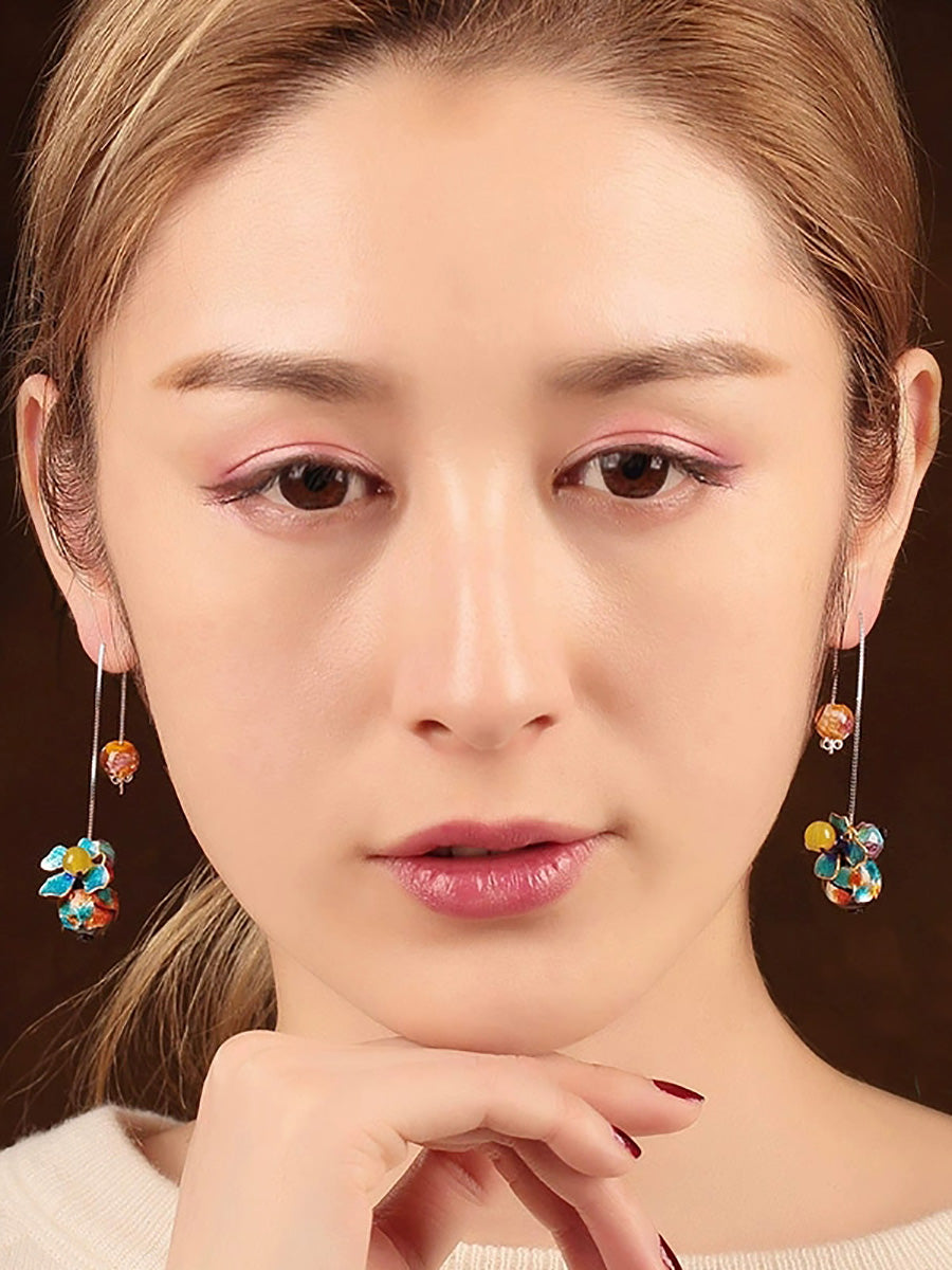 Women Vintage Glaze Cloisonne Flower S925Sliver Earrings
