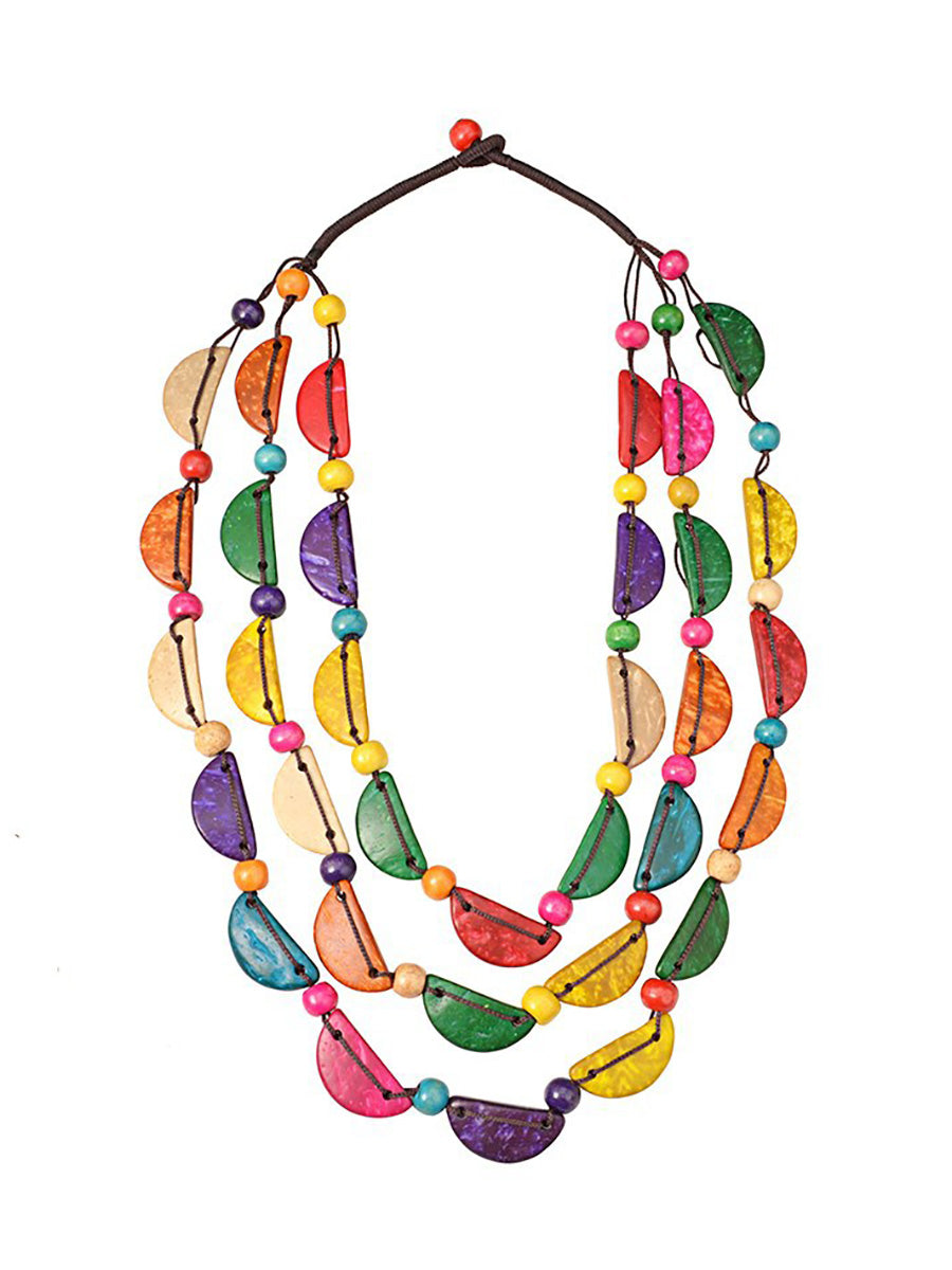 Women Ethnic Colorful Coconut Shell Three Layer Necklace