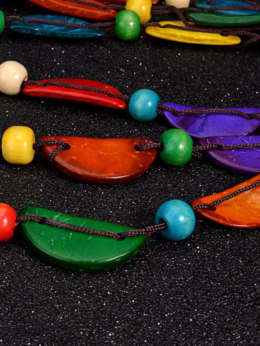 Women Ethnic Colorful Coconut Shell Three Layer Necklace