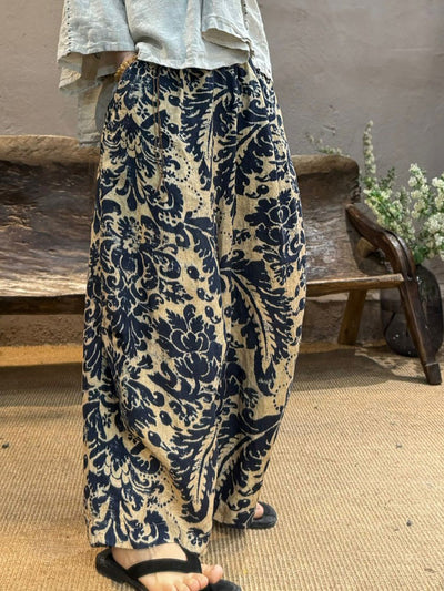 Plus Size Women Summer Retro Flower Linen Wide-leg Pants