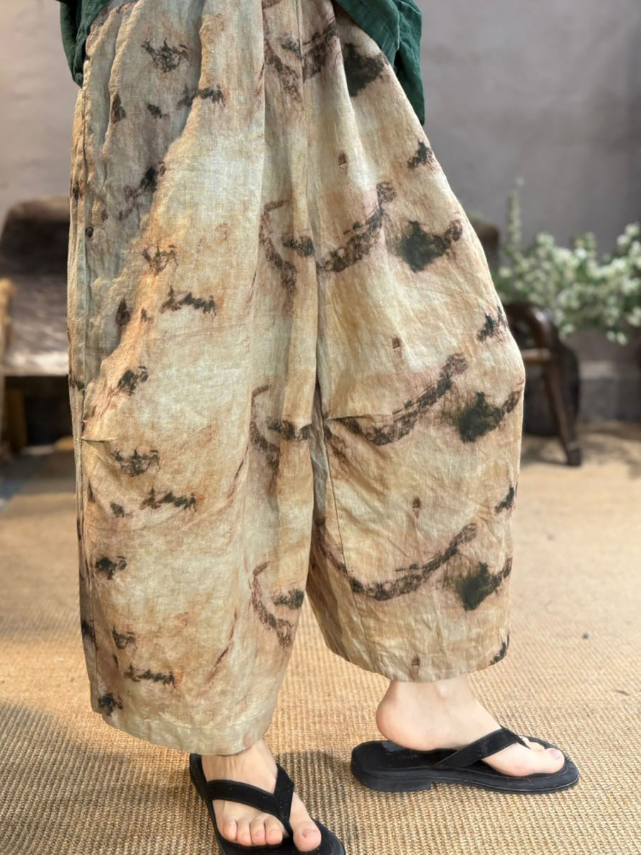 Plus Size Women Summer Retro Flower Linen Wide-leg Pants