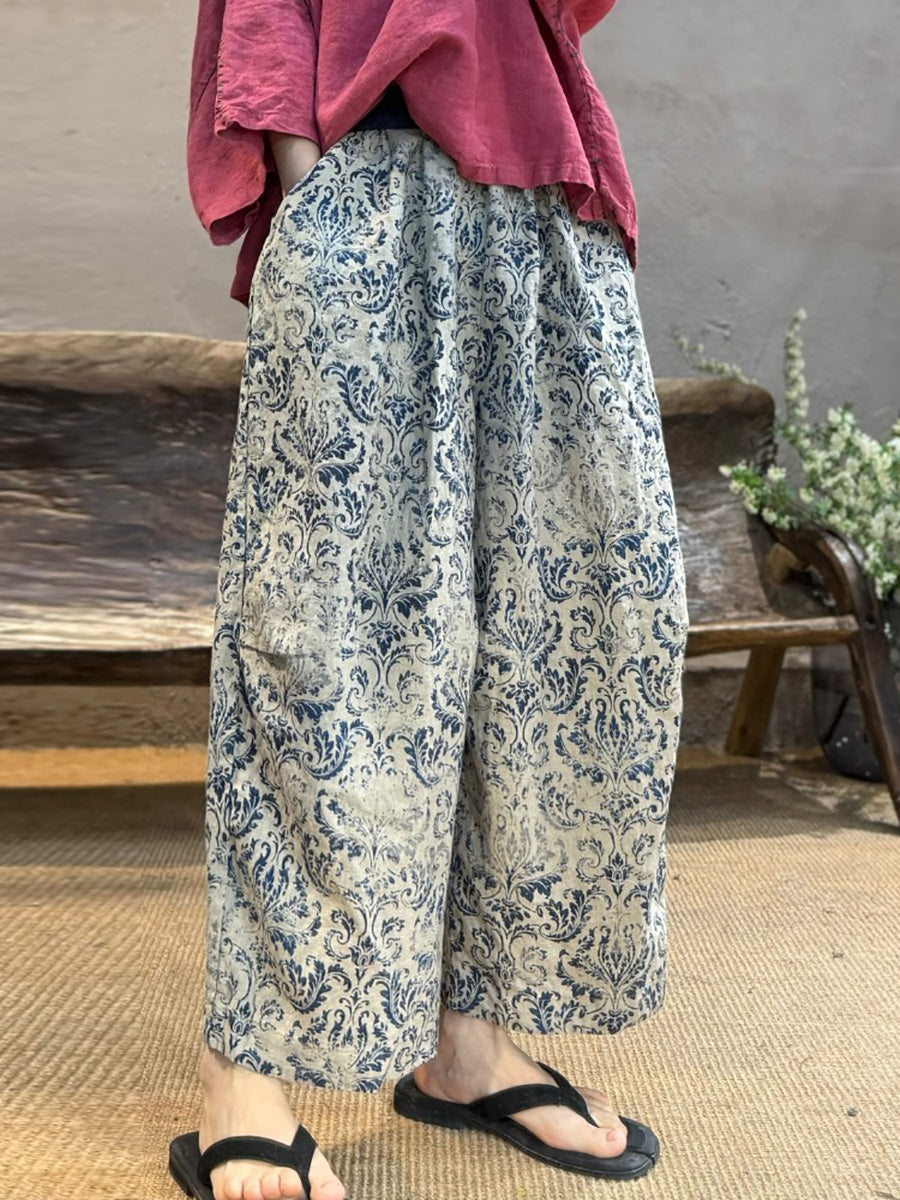 Plus Size Women Summer Retro Flower Linen Wide-leg Pants