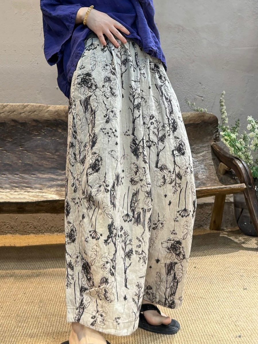 Plus Size Women Summer Retro Flower Linen Wide-leg Pants