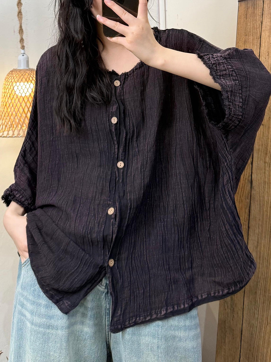 Women Summer Pure Color Shirred O-Neck Linen Shirt