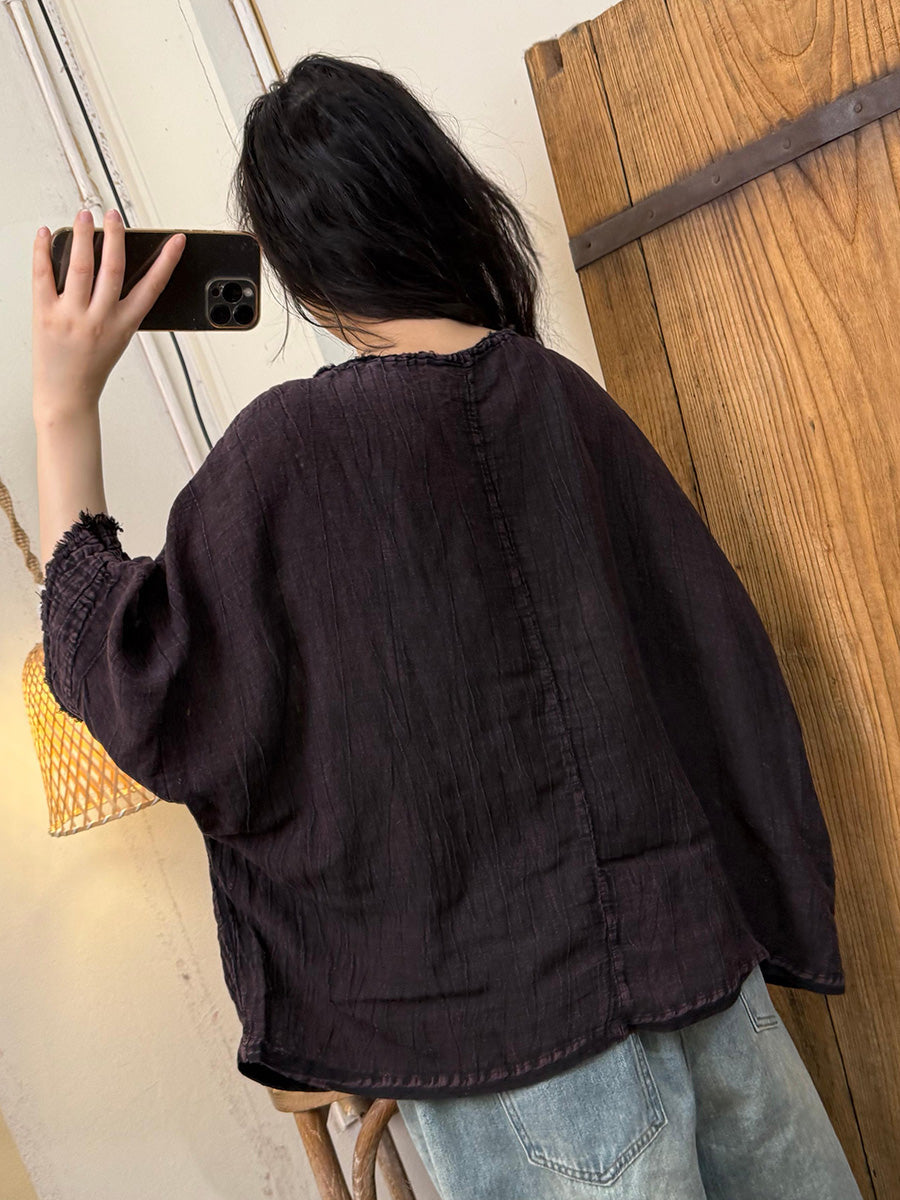 Women Summer Pure Color Shirred O-Neck Linen Shirt