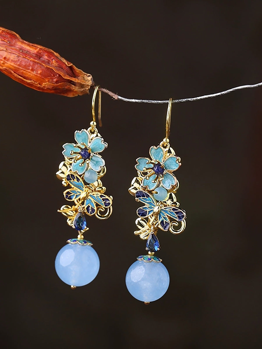 Women Vintage Cloisonne Flower Zircon Earrings